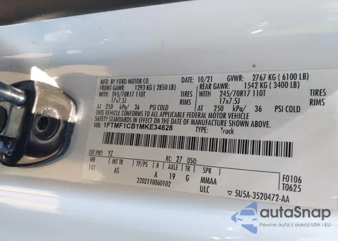 2021 Ford F-150 Xl из США, поврежденный, VIN 1FTMF1CB1MKE34828